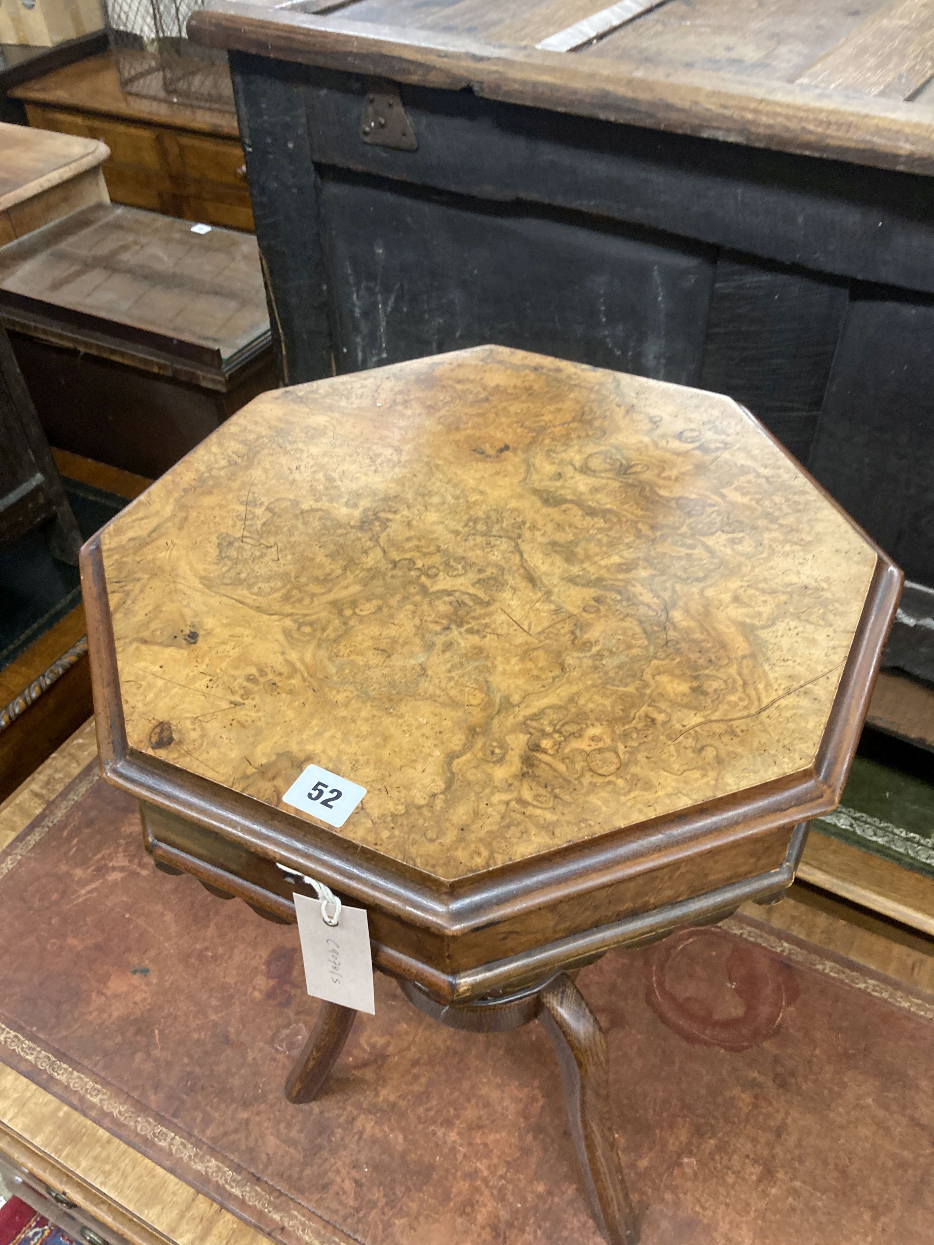 A Victorian walnut trumpet shaped work table on later oak supports, width 44cm, height 70cm